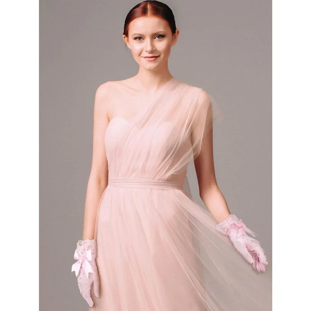 Women's Evening Rhinestones Pink Short Lace Bow Gloves Accessories Halloween